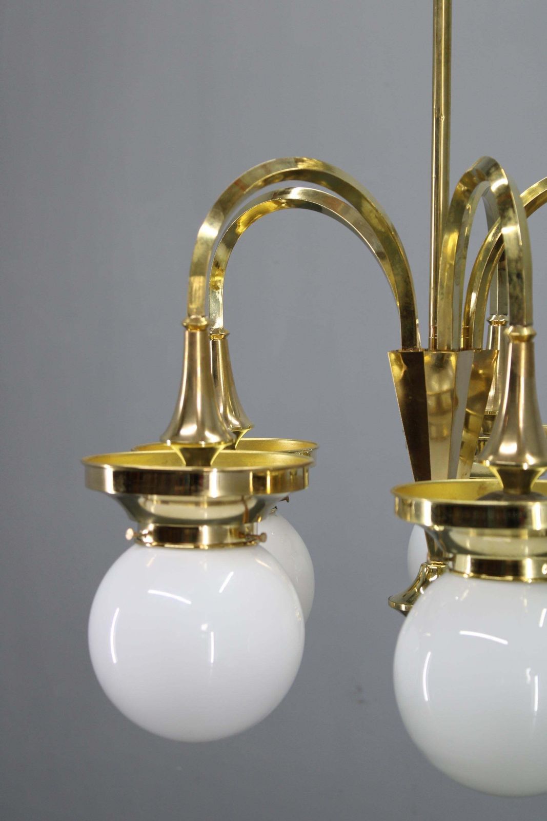 1930s Czechoslovak Art Deco Brass Chandelier With Five Opaline Glass Globes photo furniture