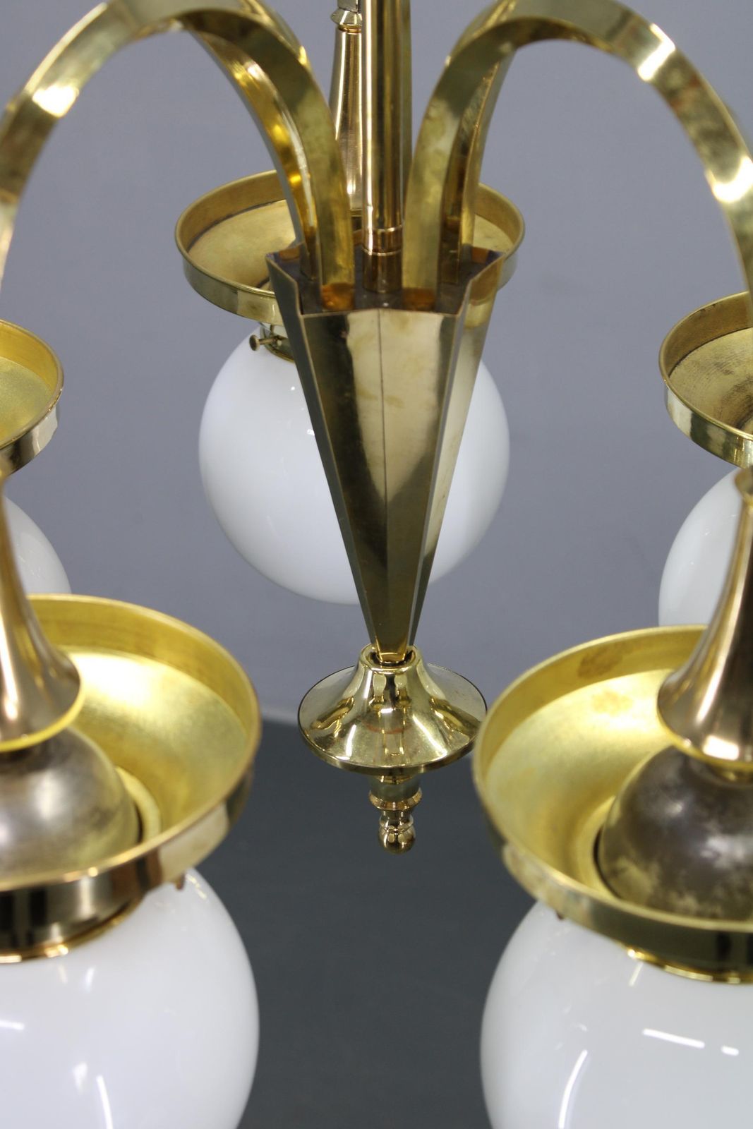 1930s Czechoslovak Art Deco Brass Chandelier With Five Opaline Glass Globes photo for sale