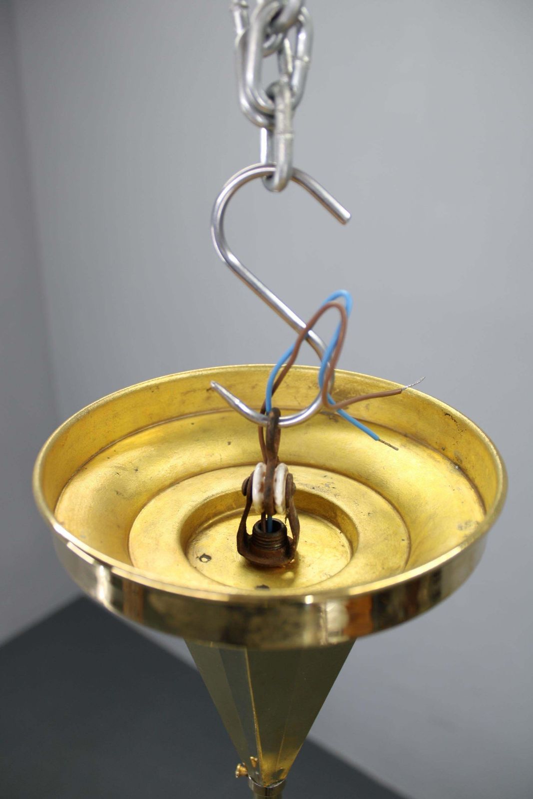 1930s Czechoslovak Art Deco Brass Chandelier With Five Opaline Glass Globes photo buy