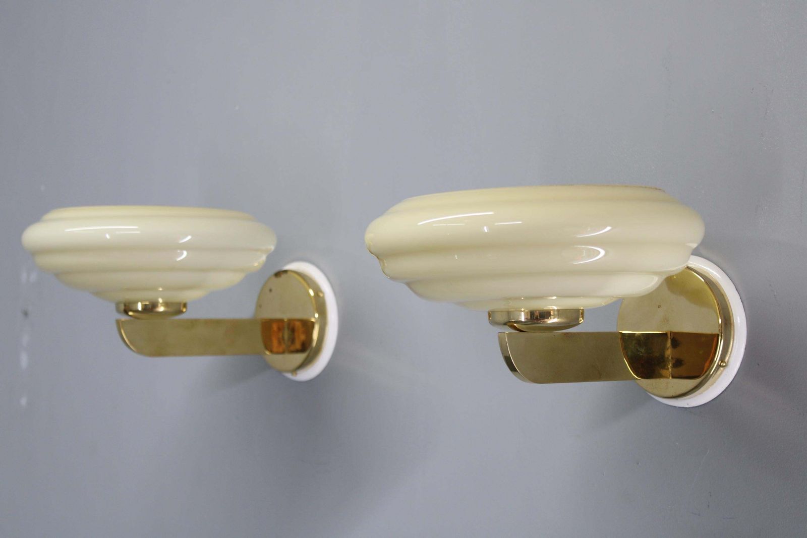 Pair Of 1940s Czechoslovak Art Deco Brass Wall Lights With Opaline Glass Shades