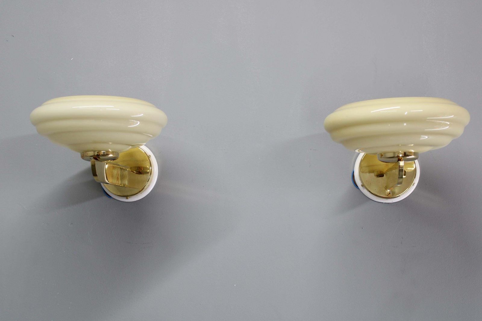 Pair Of 1940s Czechoslovak Art Deco Brass Wall Lights With Opaline Glass Shades photo furniture