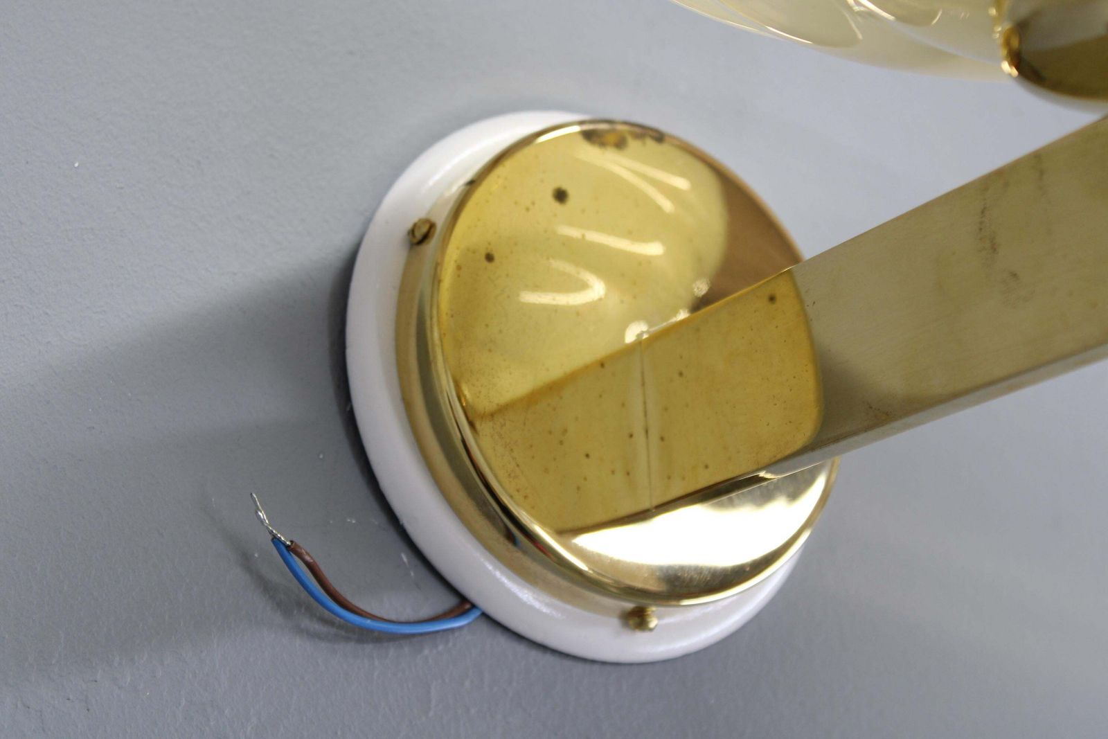 739.0 Pair Of 1940s Czechoslovak Art Deco Brass Wall Lights With Opaline Glass Shades photo