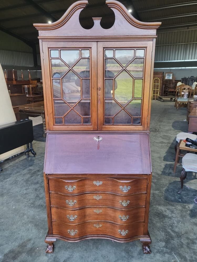 Antique Repro Serpentine Glazed Bookcase Bureau Desk Drawers