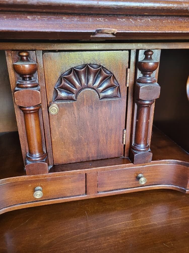 Antique Repro Serpentine Glazed Bookcase Bureau Desk Drawers photo vinterior