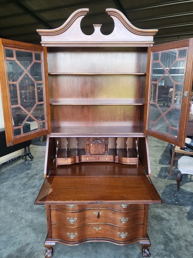 Antique Repro Serpentine Glazed Bookcase Bureau Desk Drawers photo buy