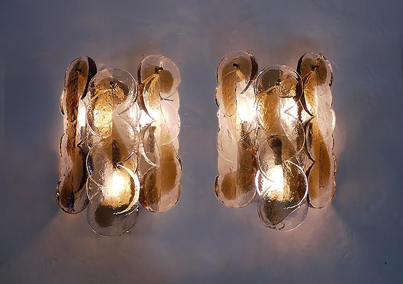 Pair Of Amber Murano Citrus Swirl Wall Sconces Glass & Brass Kalmar Austria 1960 photo Lighting