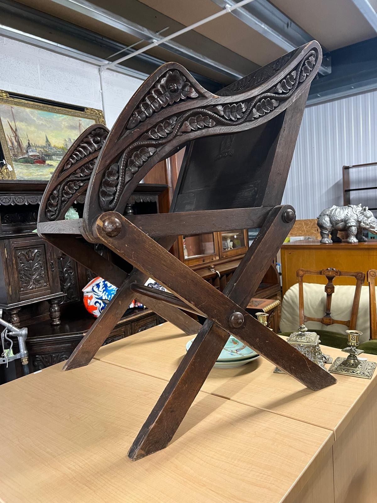Antique Carved Oak Glastonbury Cross Stretcher Chair photo furniture