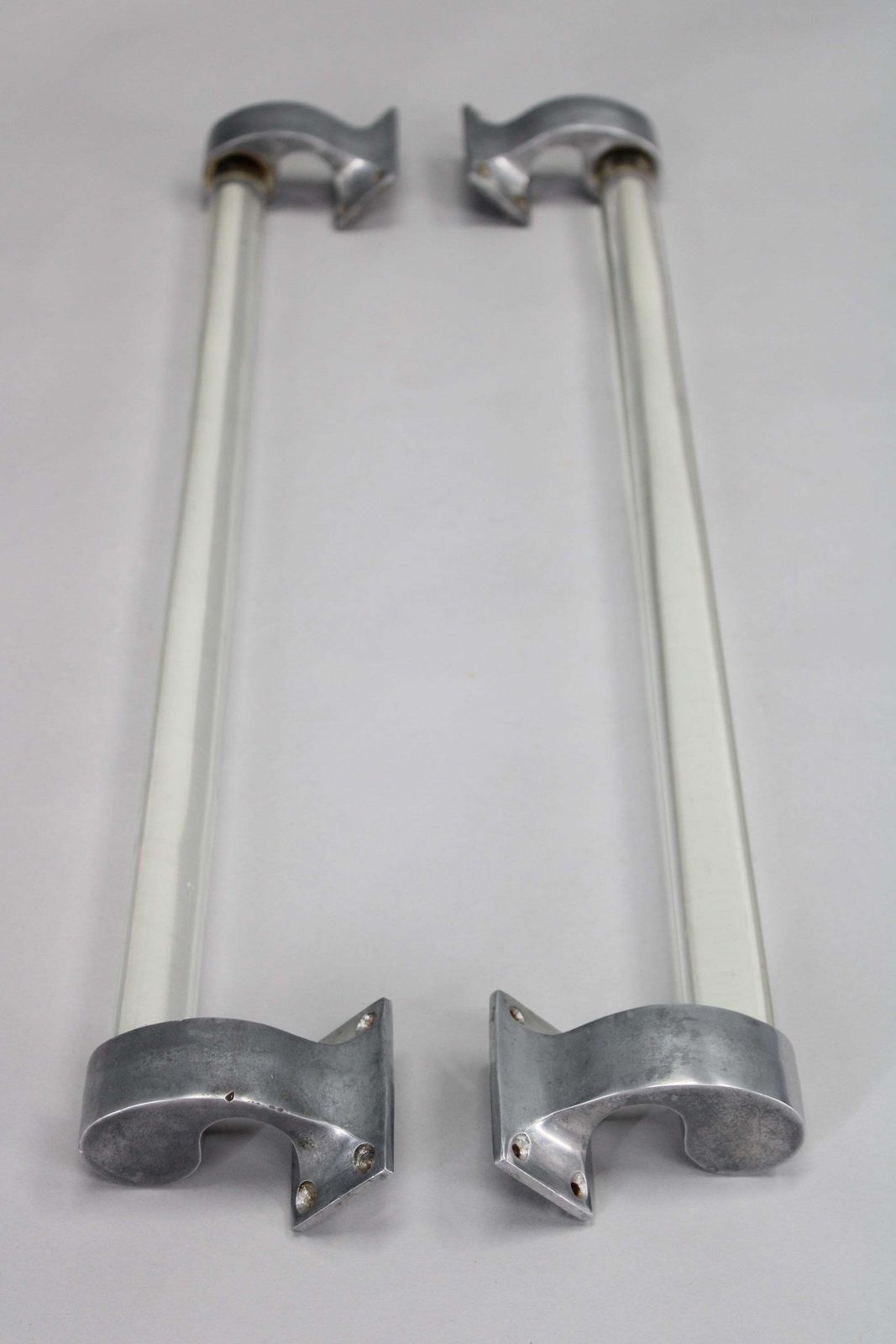 Pair Of 1930s Czechoslovak Art Deco Clear Glass Handles With Metal Mounts photo for sale