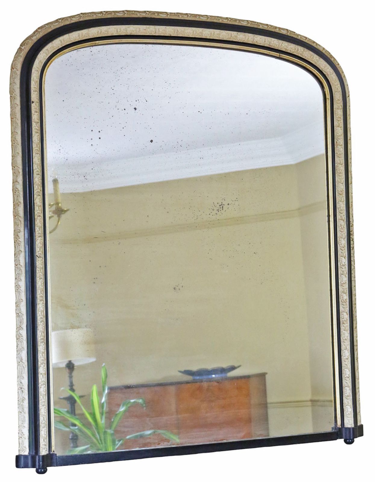 Antique 19th Century Black Ebonised And Cream Overmantel Wall Mirror – Ornate Frame