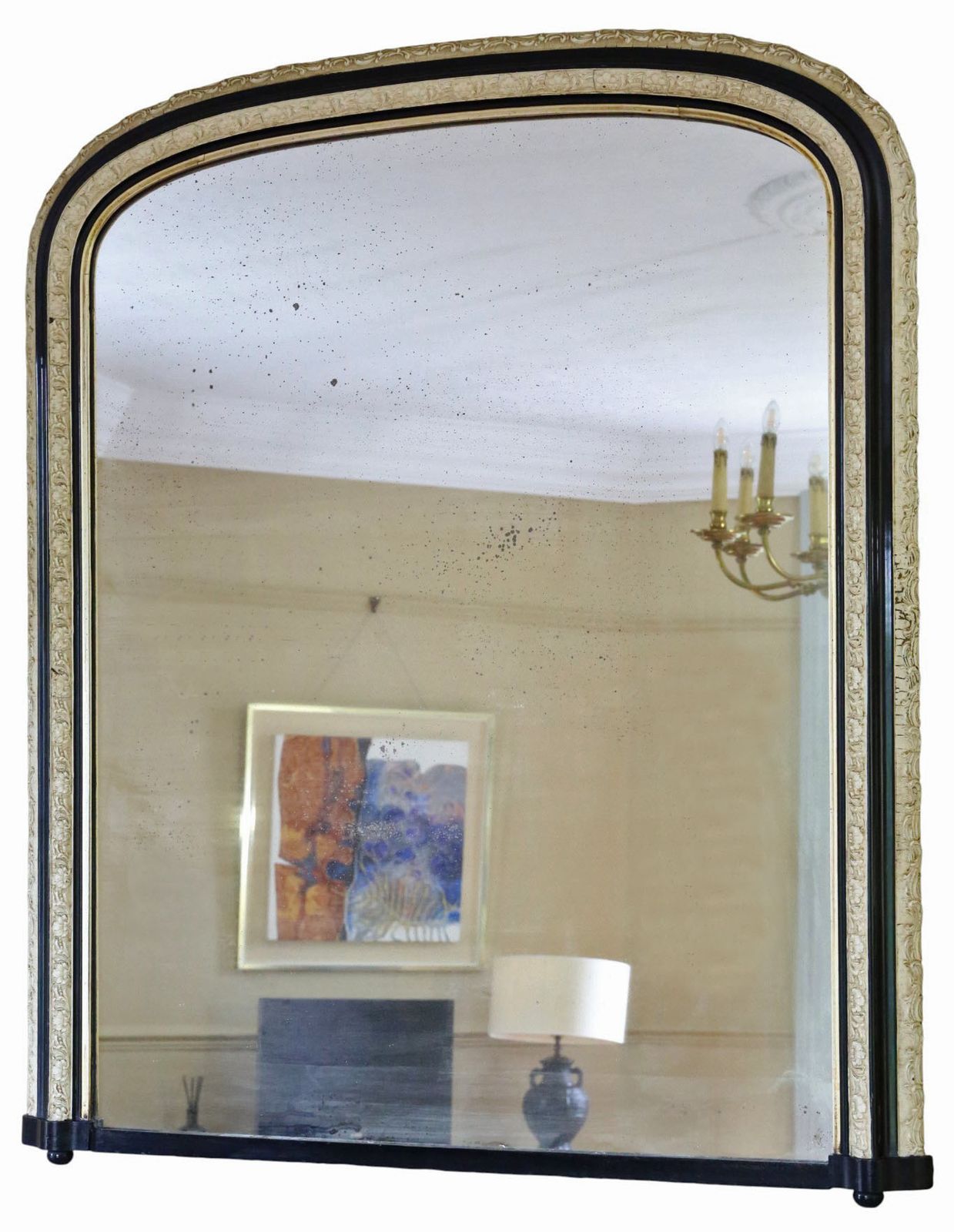 Antique 19th Century Black Ebonised And Cream Overmantel Wall Mirror – Ornate Frame photo furniture