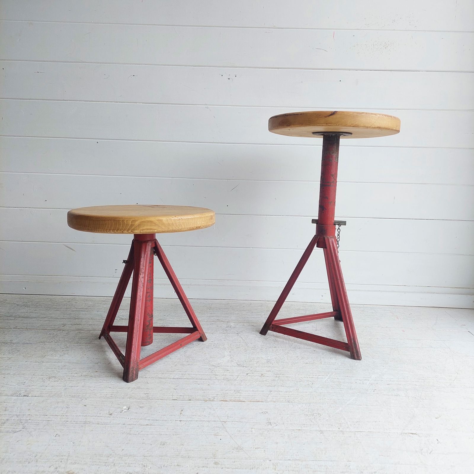 Mid Century Industrial Adjustable Stools Red Metal And Wood 1960s Set Of 2 photo 300.0