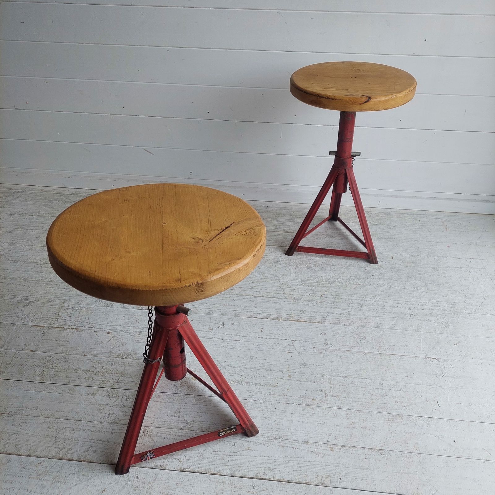 Mid Century Industrial Adjustable Stools Red Metal And Wood 1960s Set Of 2 photo buy