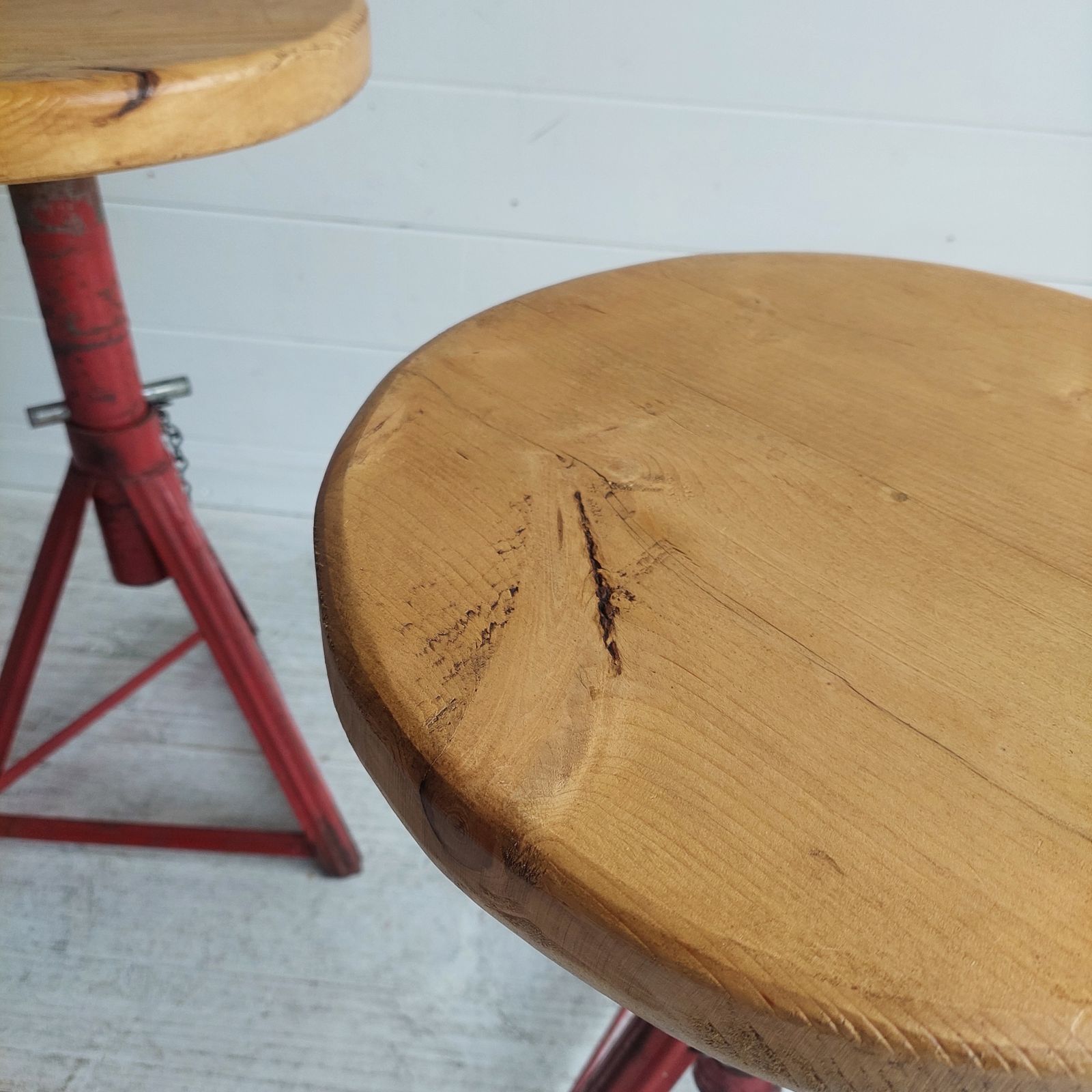 photo buy Mid Century Industrial Adjustable Stools Red Metal And Wood 1960s Set Of 2