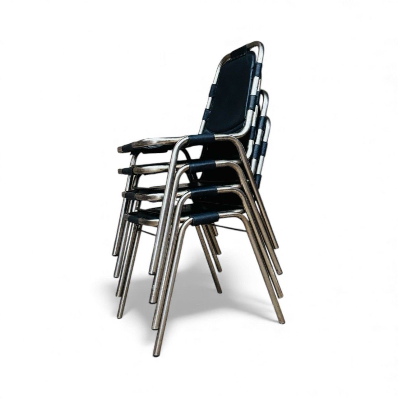 Set Of Four Les Arcs Steel And Leather Dining Chairs Charlotte Perriand Style photo 1495.0