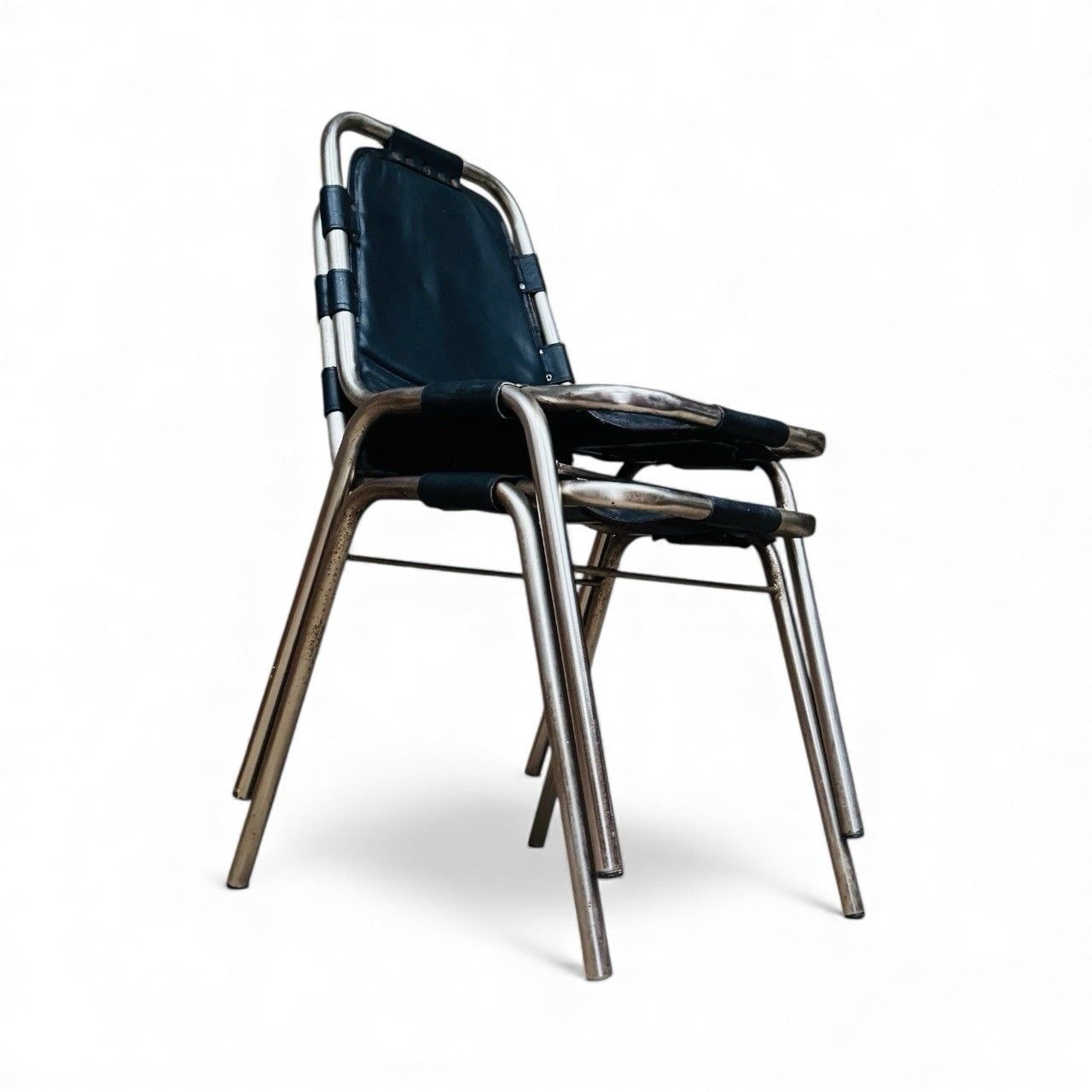 Set Of Four Les Arcs Steel And Leather Dining Chairs Charlotte Perriand Style photo vinterior