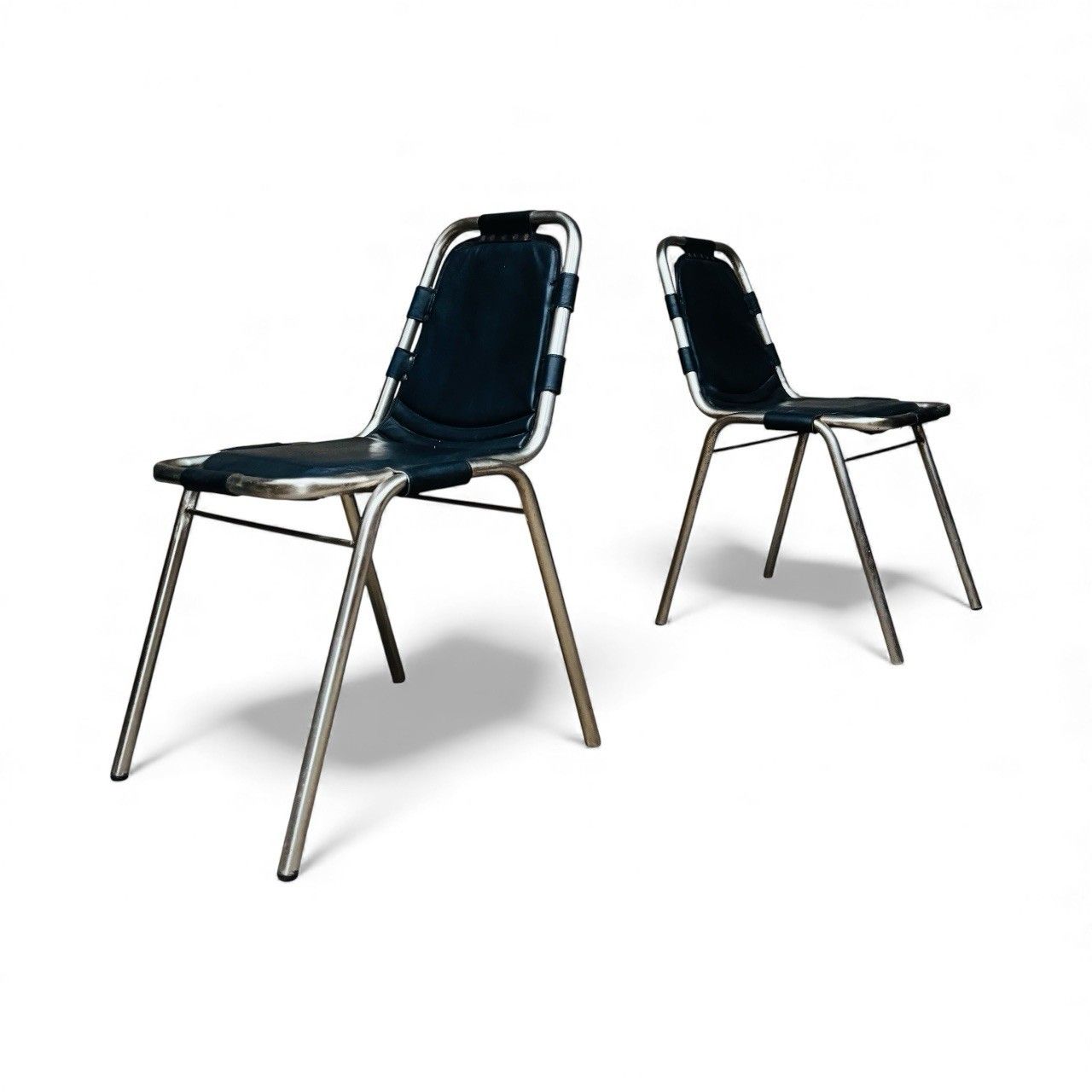 Set Of Four Les Arcs Steel And Leather Dining Chairs Charlotte Perriand Style photo buy