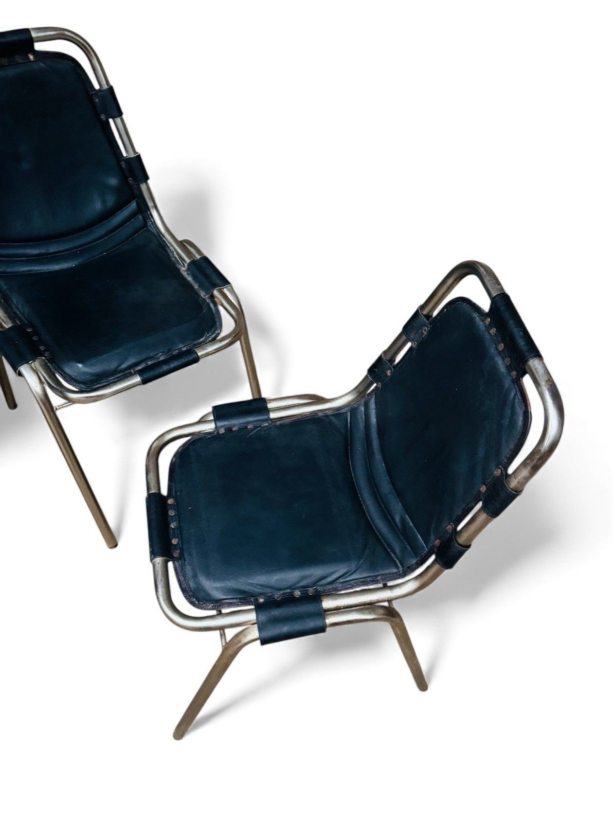 Furniture Set Of Four Les Arcs Steel And Leather Dining Chairs Charlotte Perriand Style photo