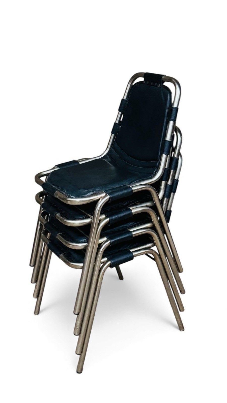 photo vinterior Set Of Four Les Arcs Steel And Leather Dining Chairs Charlotte Perriand Style