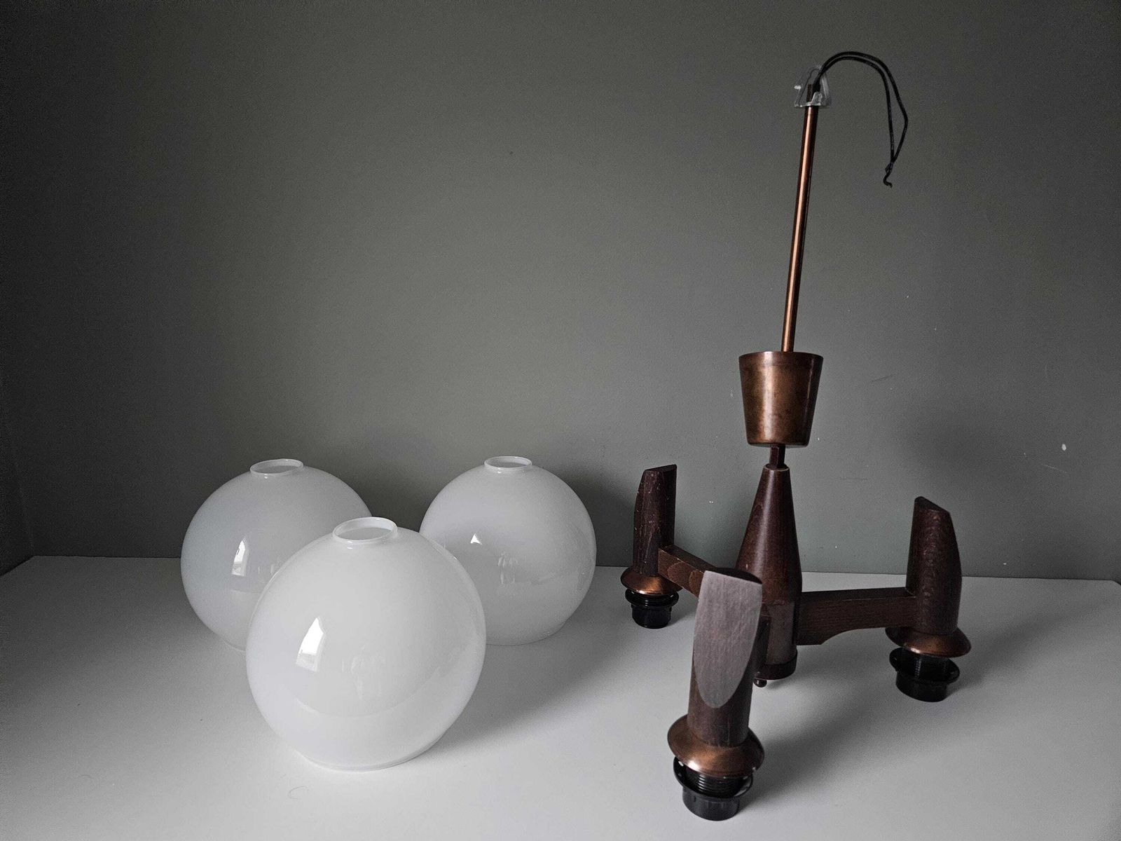 1 Of 2 / Vintage 3 Globe Wooden Chandelier And Glass Shades, Mid Century Modern photo vintage