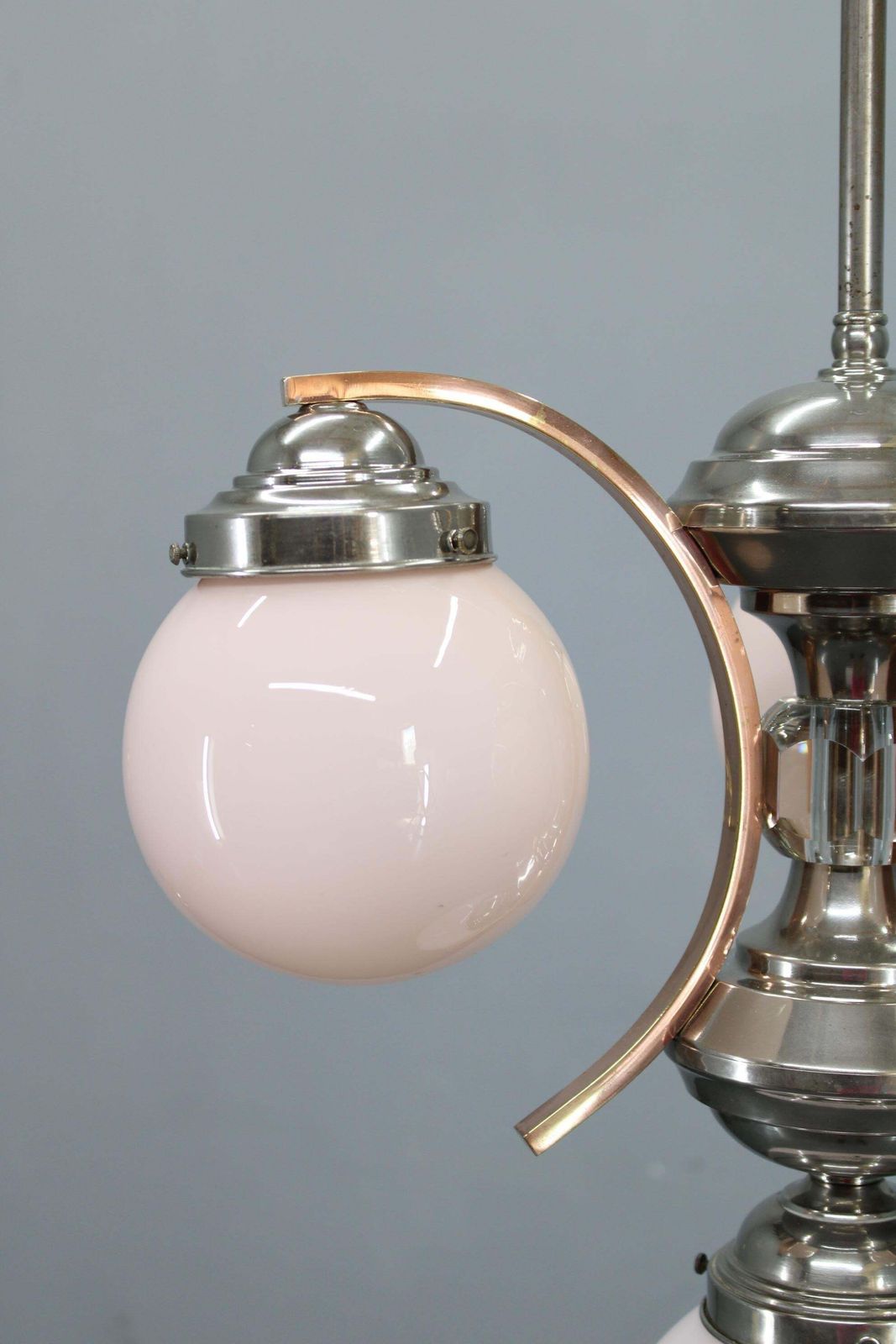 1930s Czechoslovak Art Deco Nickel Chandelier With Rose Opaline Glass Globes photo 895.0