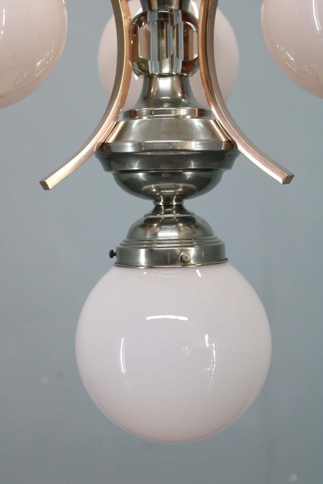 1930s Czechoslovak Art Deco Nickel Chandelier With Rose Opaline Glass Globes photo vinterior
