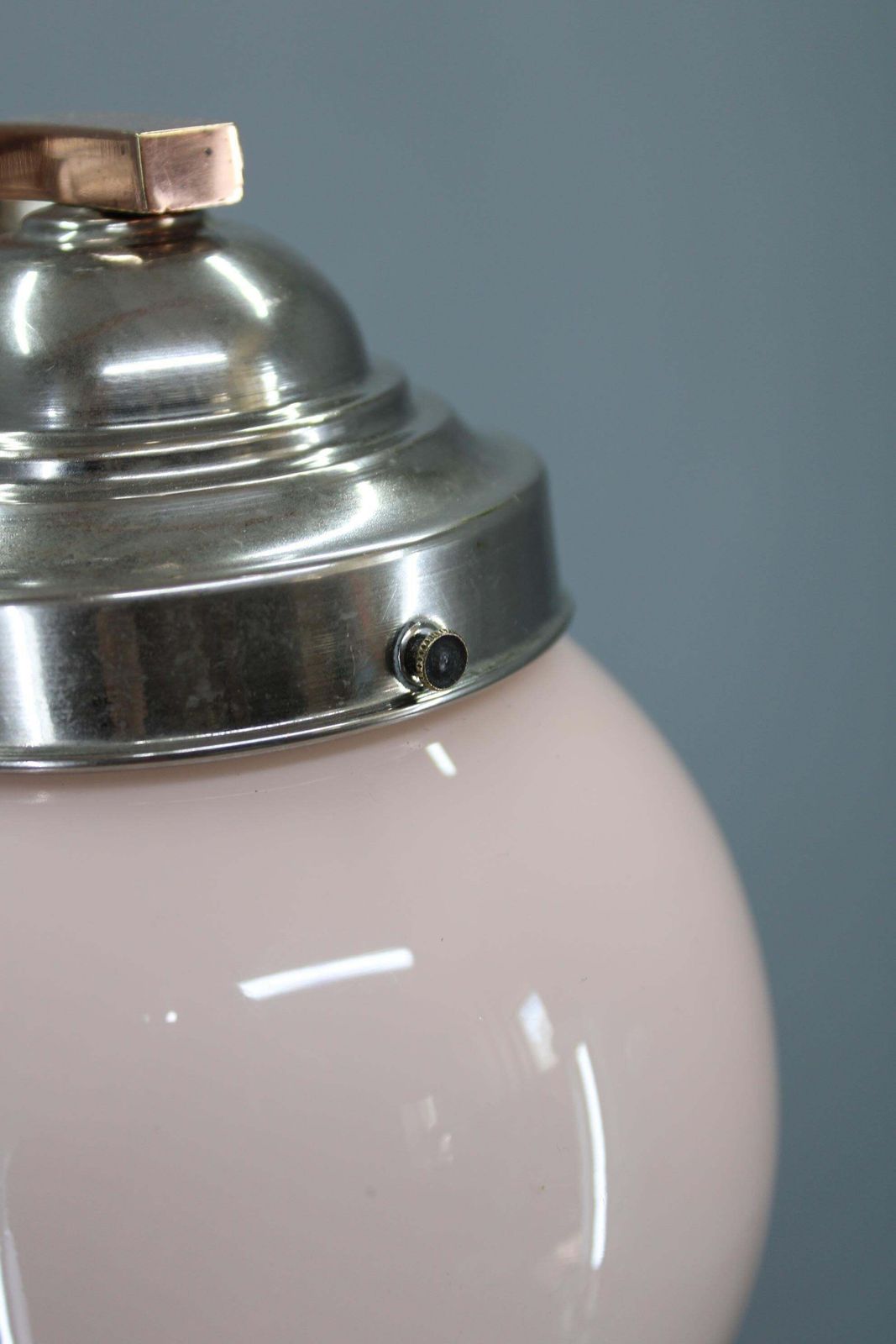 895.0 1930s Czechoslovak Art Deco Nickel Chandelier With Rose Opaline Glass Globes photo
