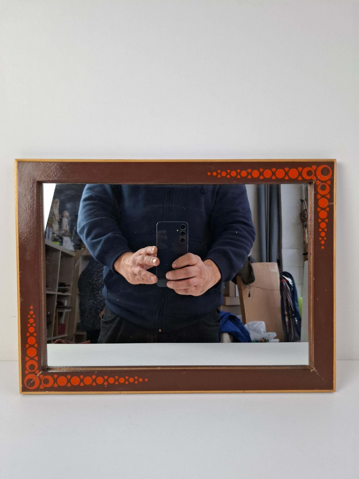 1960s Czechoslovak Mid Century Wooden Mirror With Graphic Frame Detail photo for sale