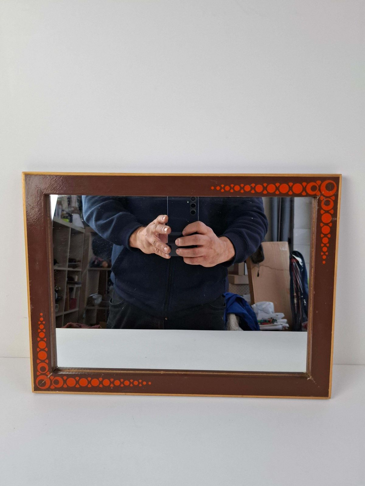 1960s Czechoslovak Mid Century Wooden Mirror With Graphic Frame Detail photo vinterior