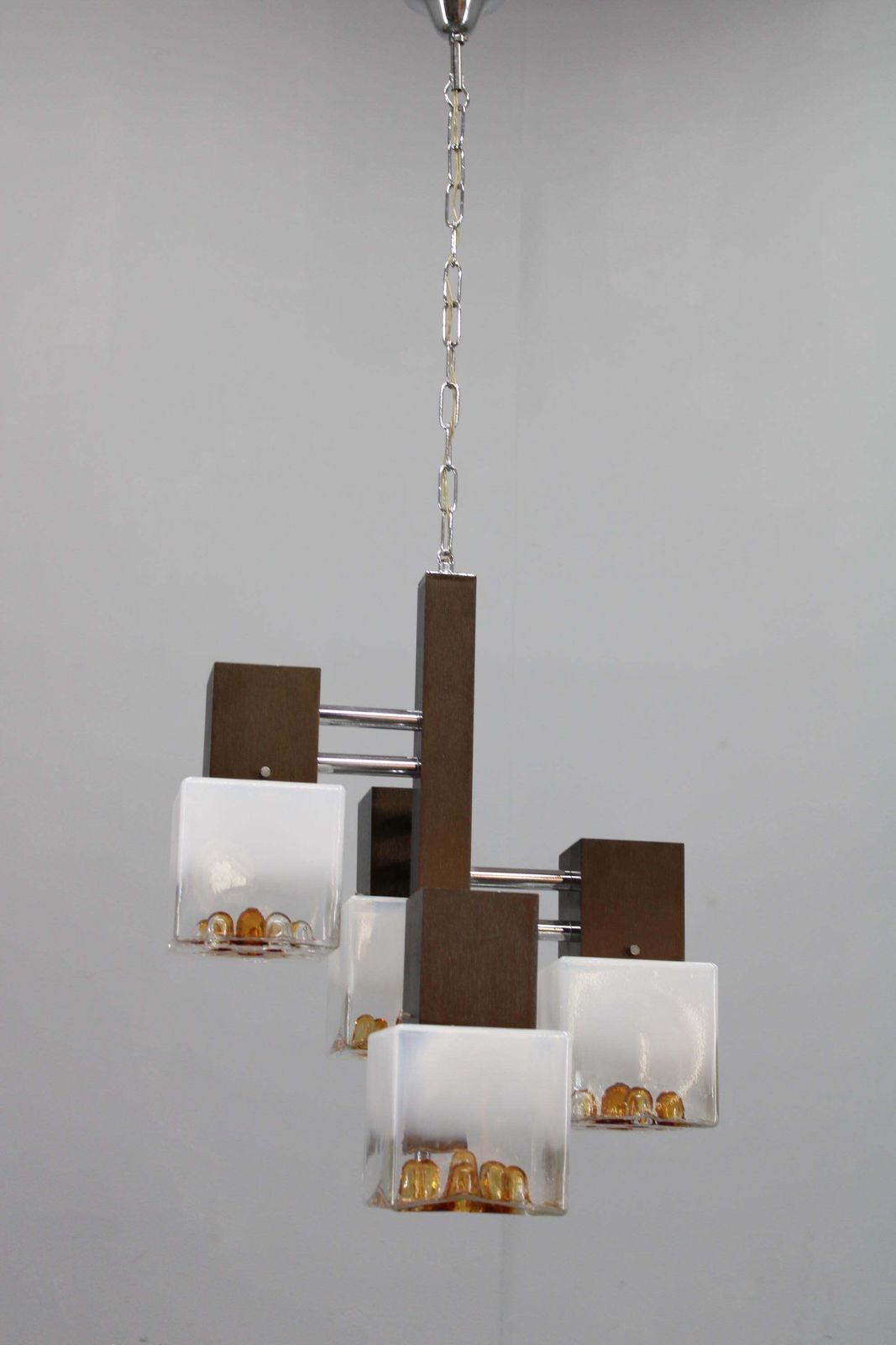 1970s Italian Chandelier With Murano Glass Shades And Anodized Metal Frame photo for sale