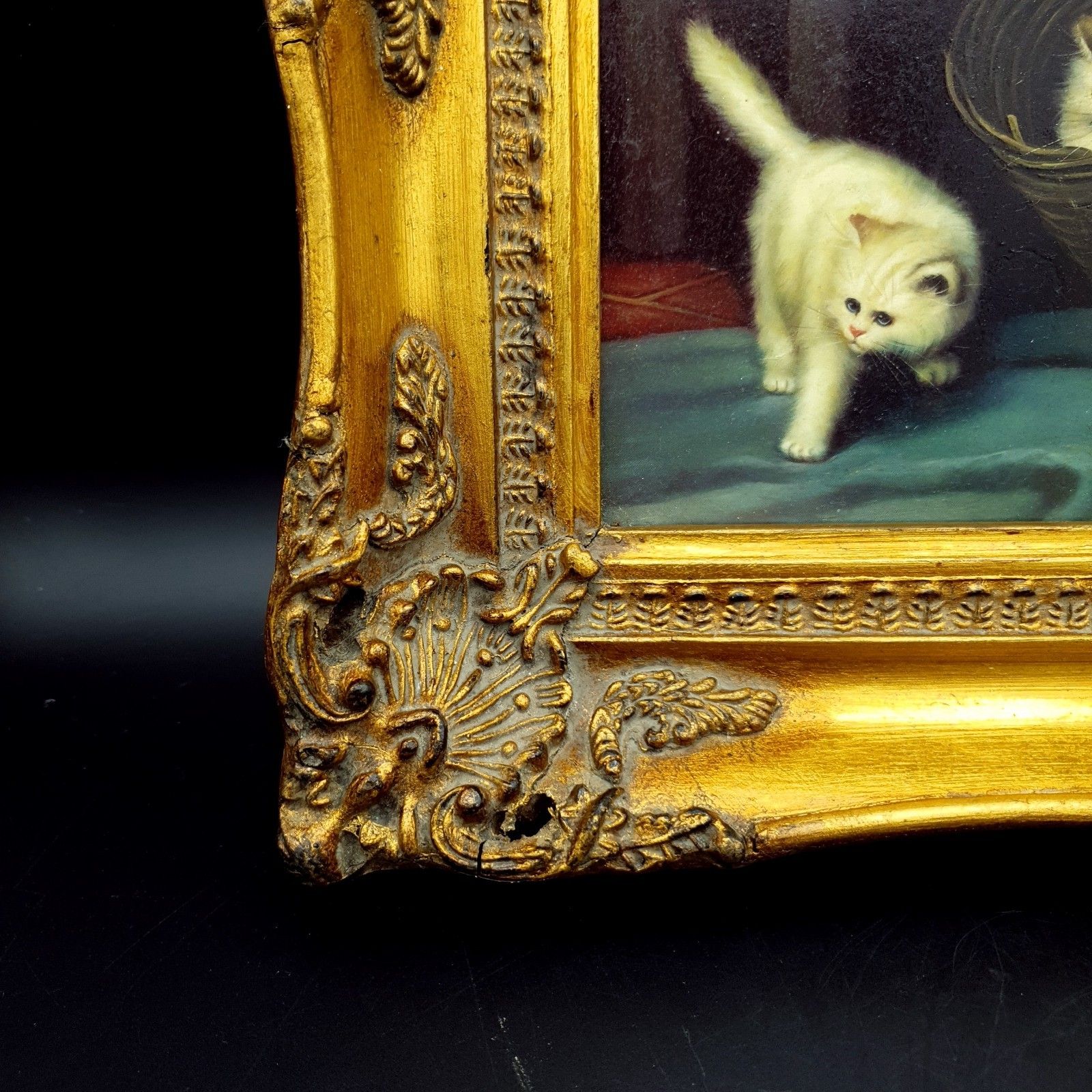 Carvers & Gilders Kitten Cat Print Arthur Heyer Ornate Gold Frame W28 H22.5 photo vintage