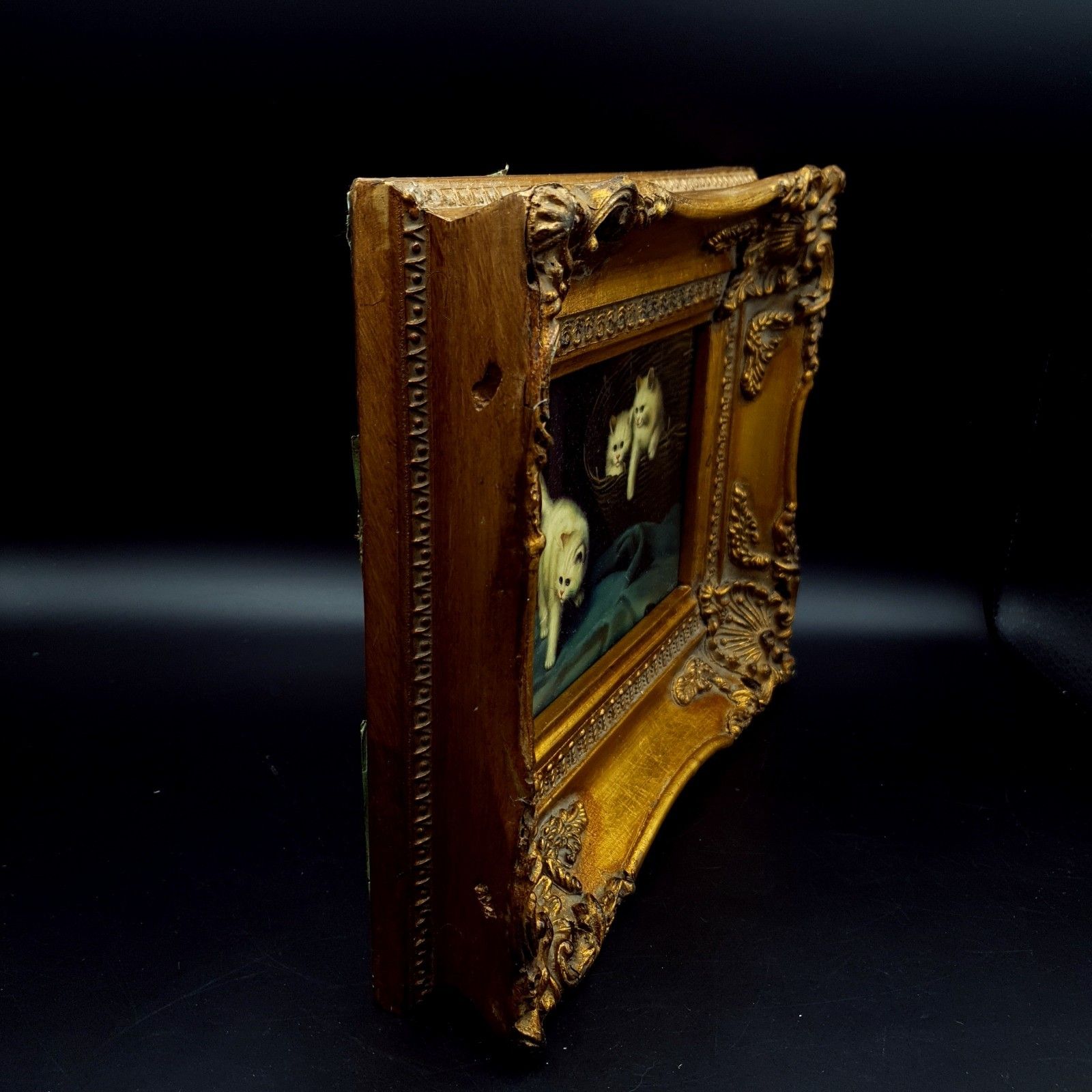 Art Carvers & Gilders Kitten Cat Print Arthur Heyer Ornate Gold Frame W28 H22.5 photo