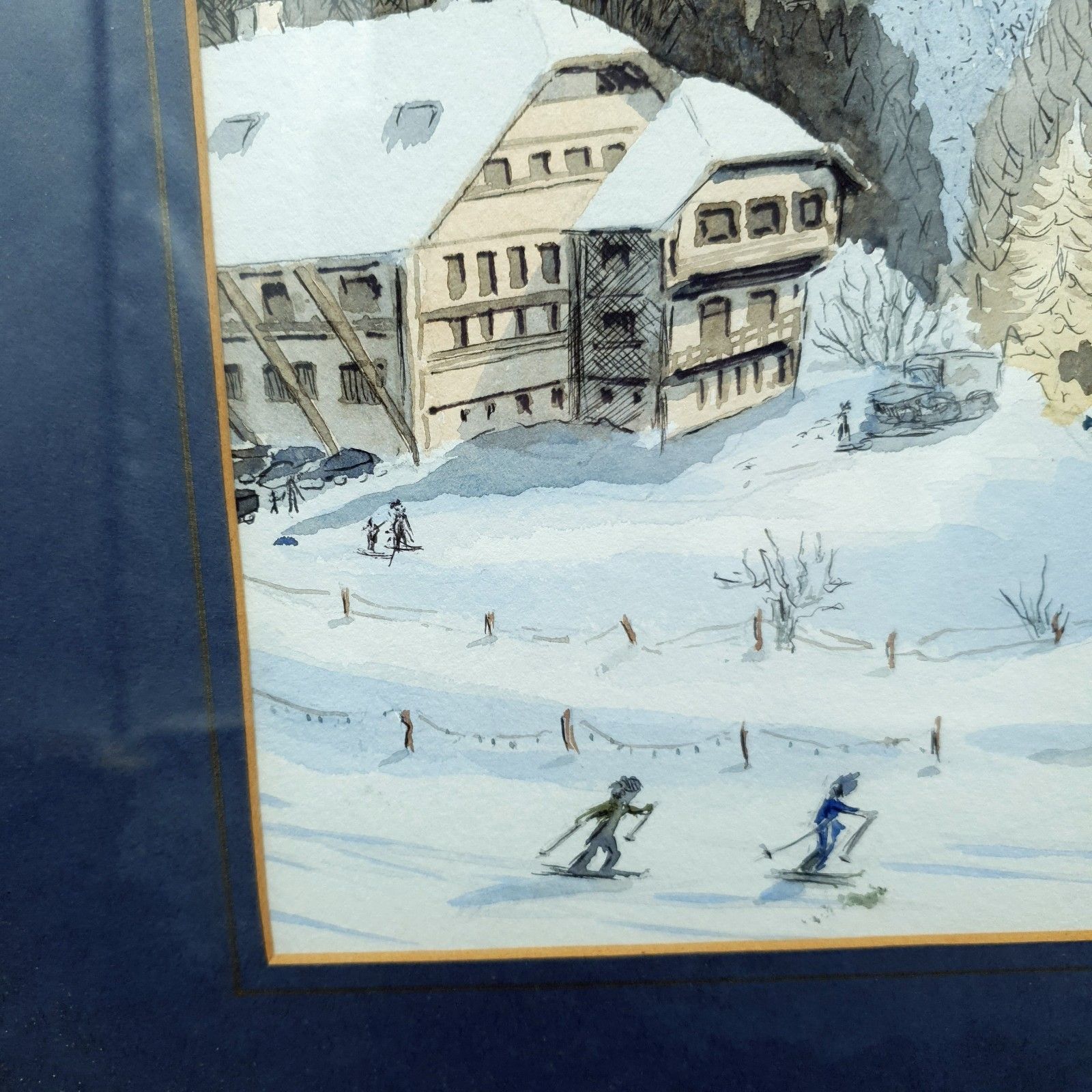 photo furniture Signed Watercolour A Thomas? Alpine Mountain Skiing Scene Framed H40.5cmxl31cm