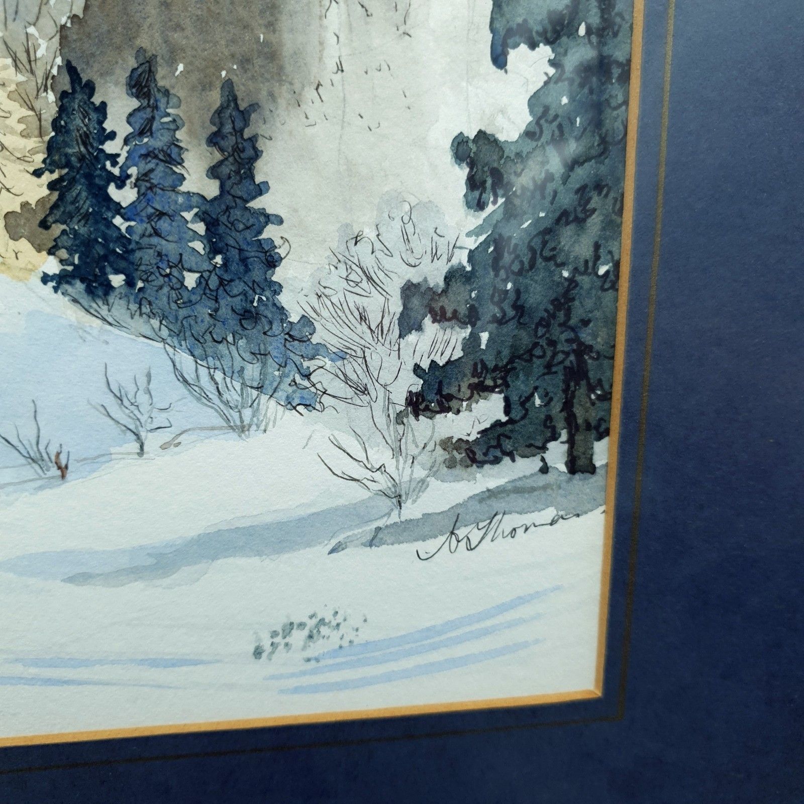 Art Signed Watercolour A Thomas? Alpine Mountain Skiing Scene Framed H40.5cmxl31cm photo