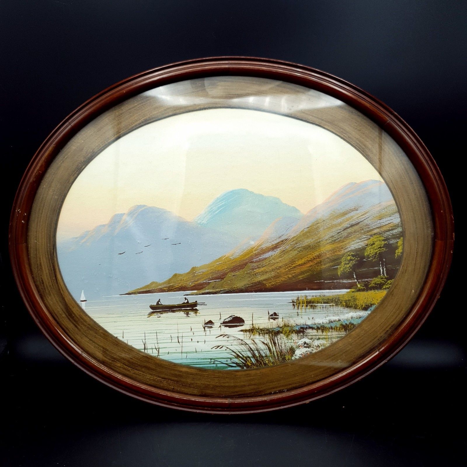 Watercolour Oval Antique? Vintage Mountain Lake & Boat Scene L40cm H32.3cm