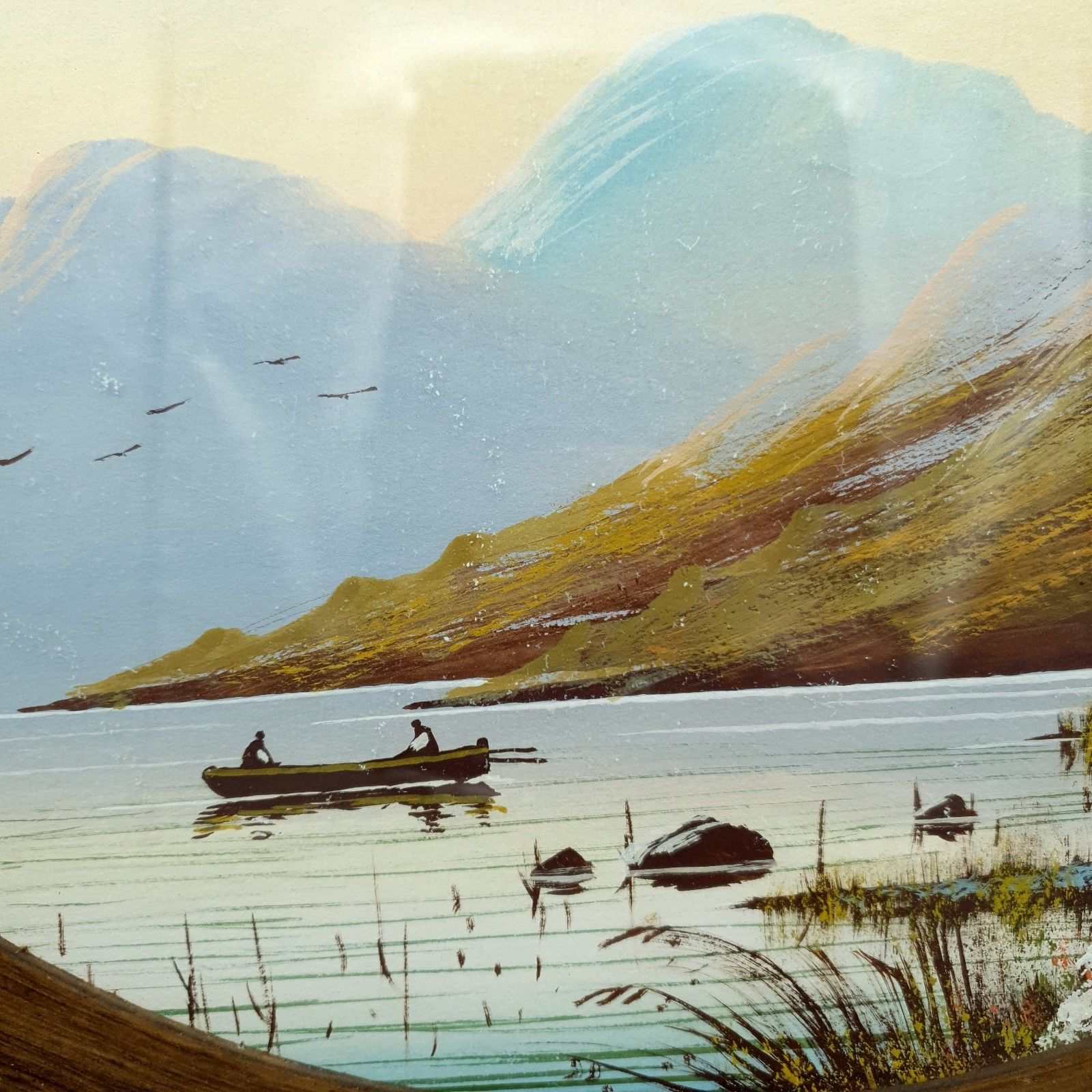 Watercolour Oval Antique? Vintage Mountain Lake & Boat Scene L40cm H32.3cm photo buy