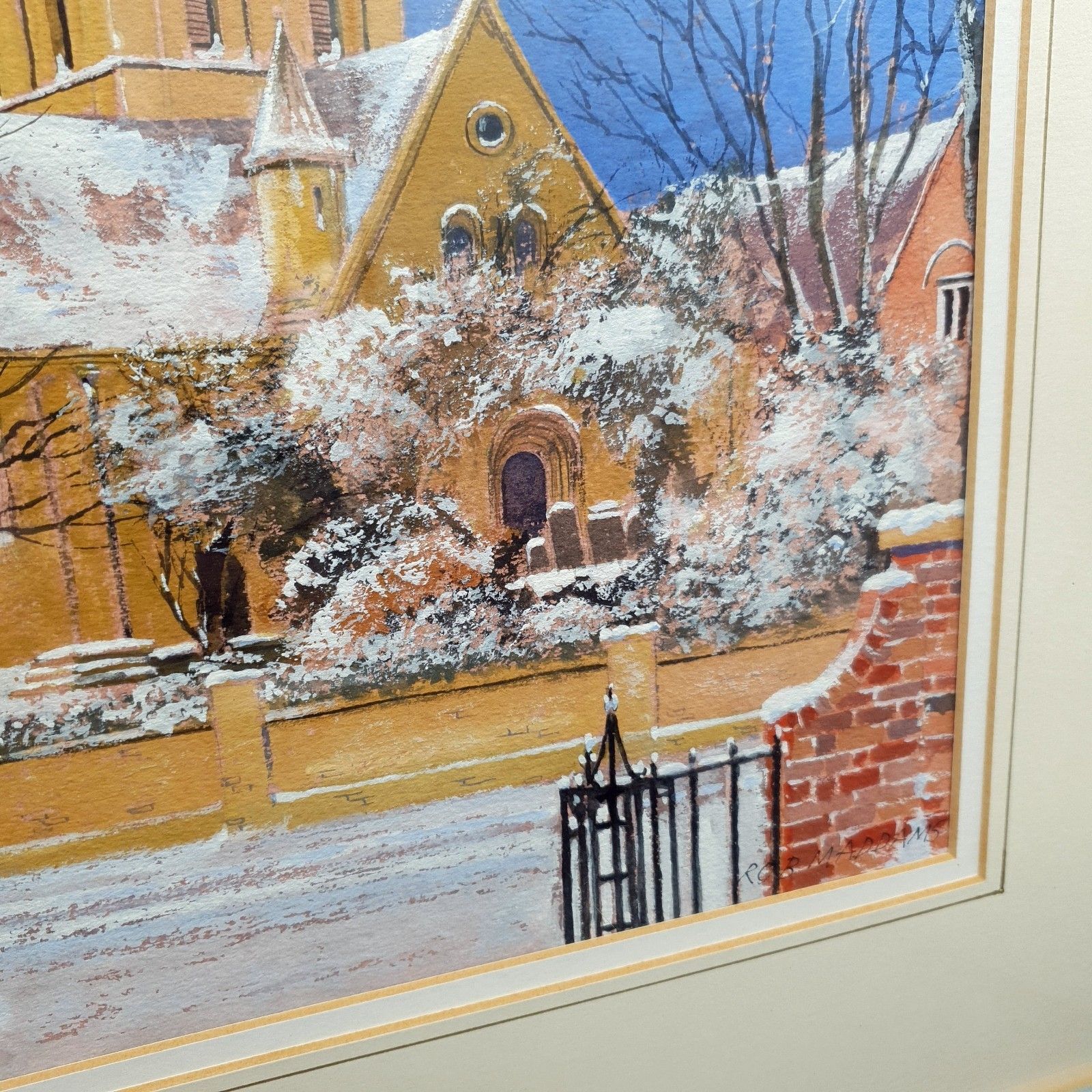 Rob Maddams Signed Watercolour St Cuthberts Church Bedford Winter Scene 52x42.5c photo vintage