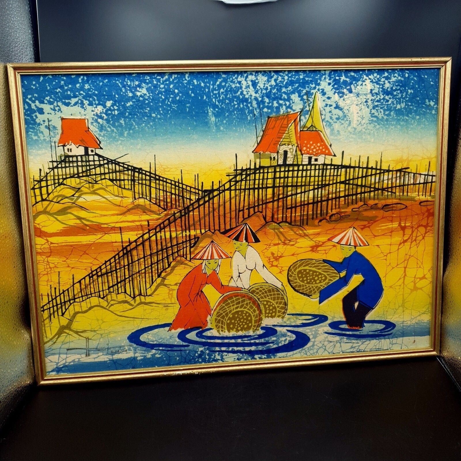 Vintage Malaysian Batik Art Panel Signed Village Harvest C1950 60s L50.5cmxh37cm