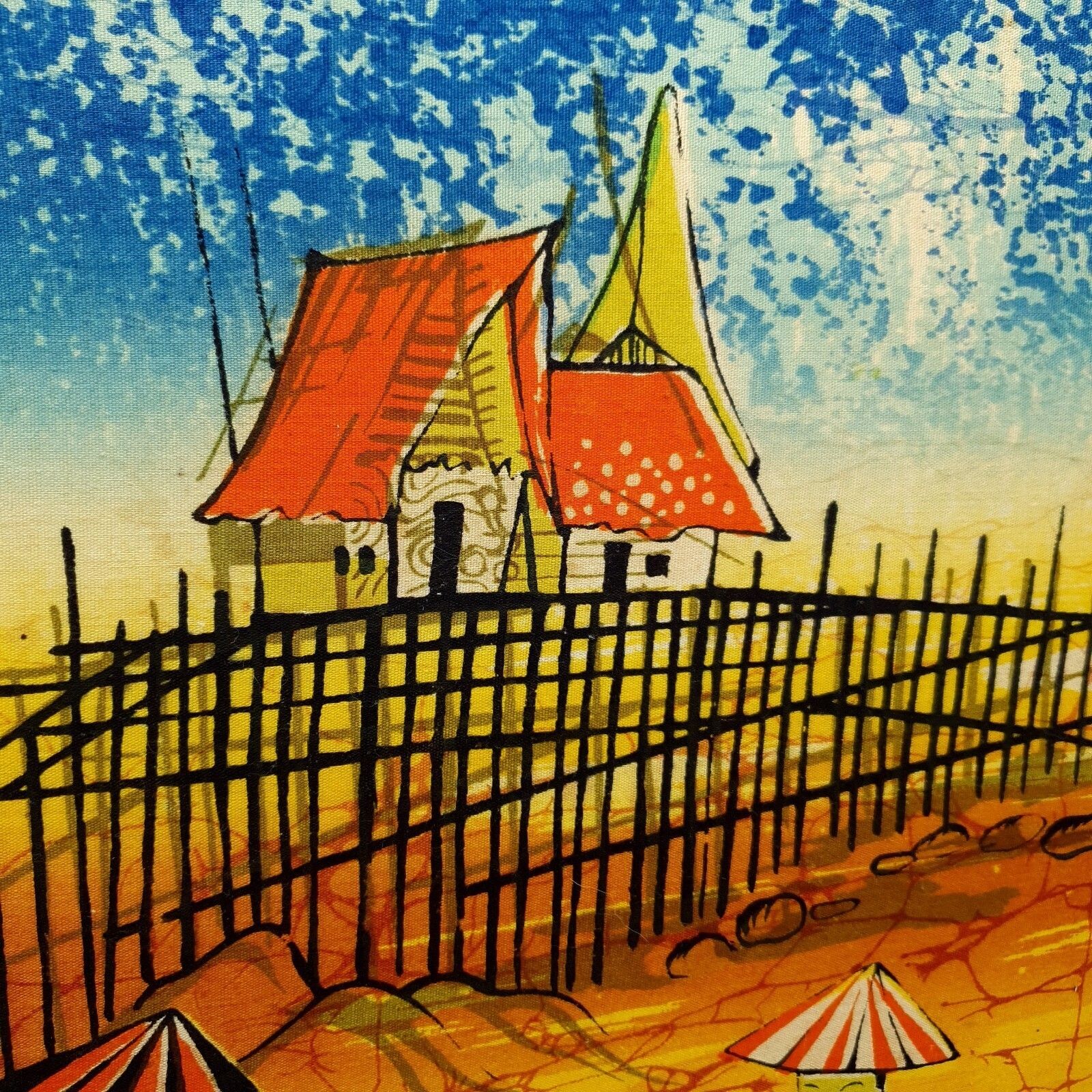 Vintage Malaysian Batik Art Panel Signed Village Harvest C1950 60s L50.5cmxh37cm photo Art