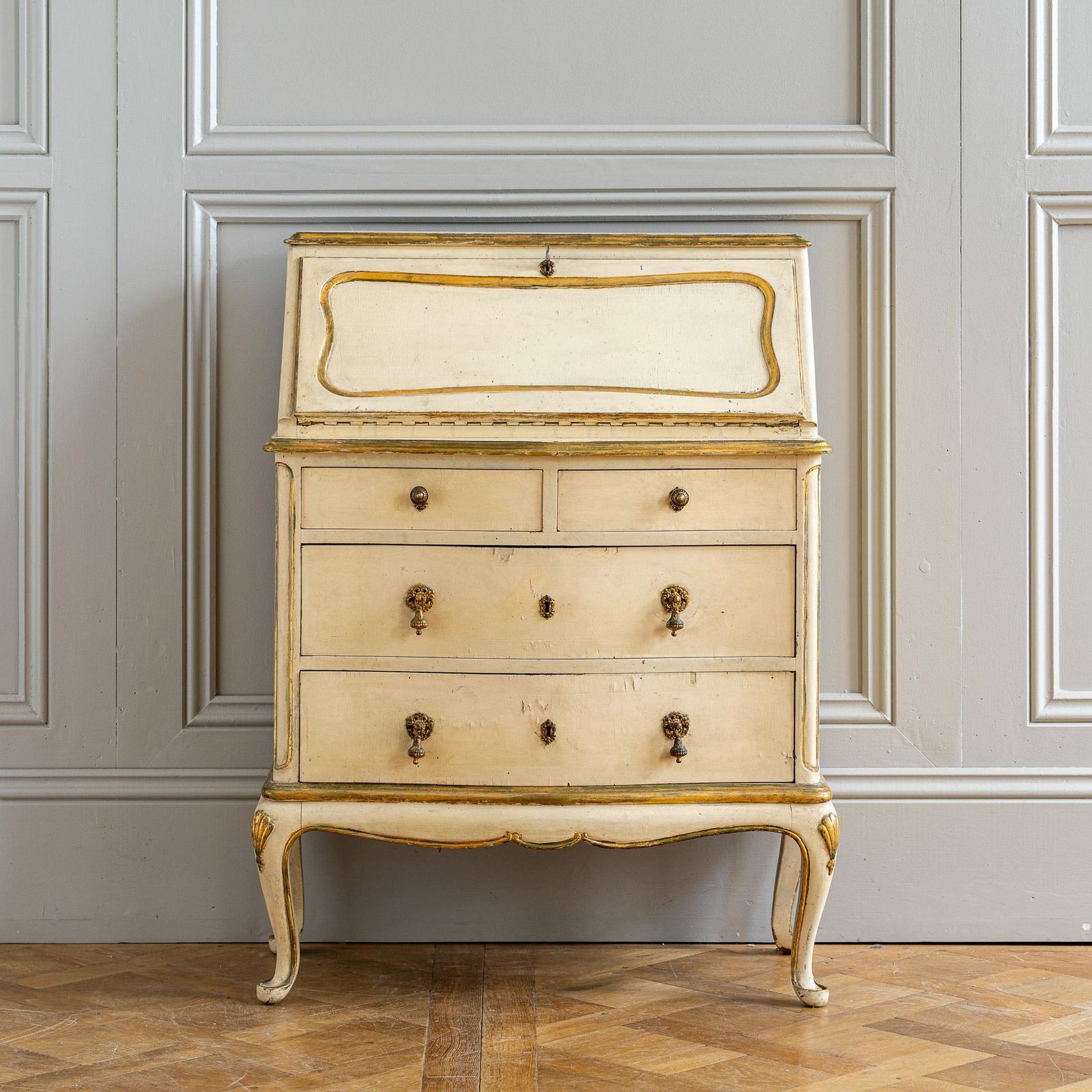 Small Antique Italian Drop Front Scriban Desk In Original Paint And Gilt Accents photo furniture