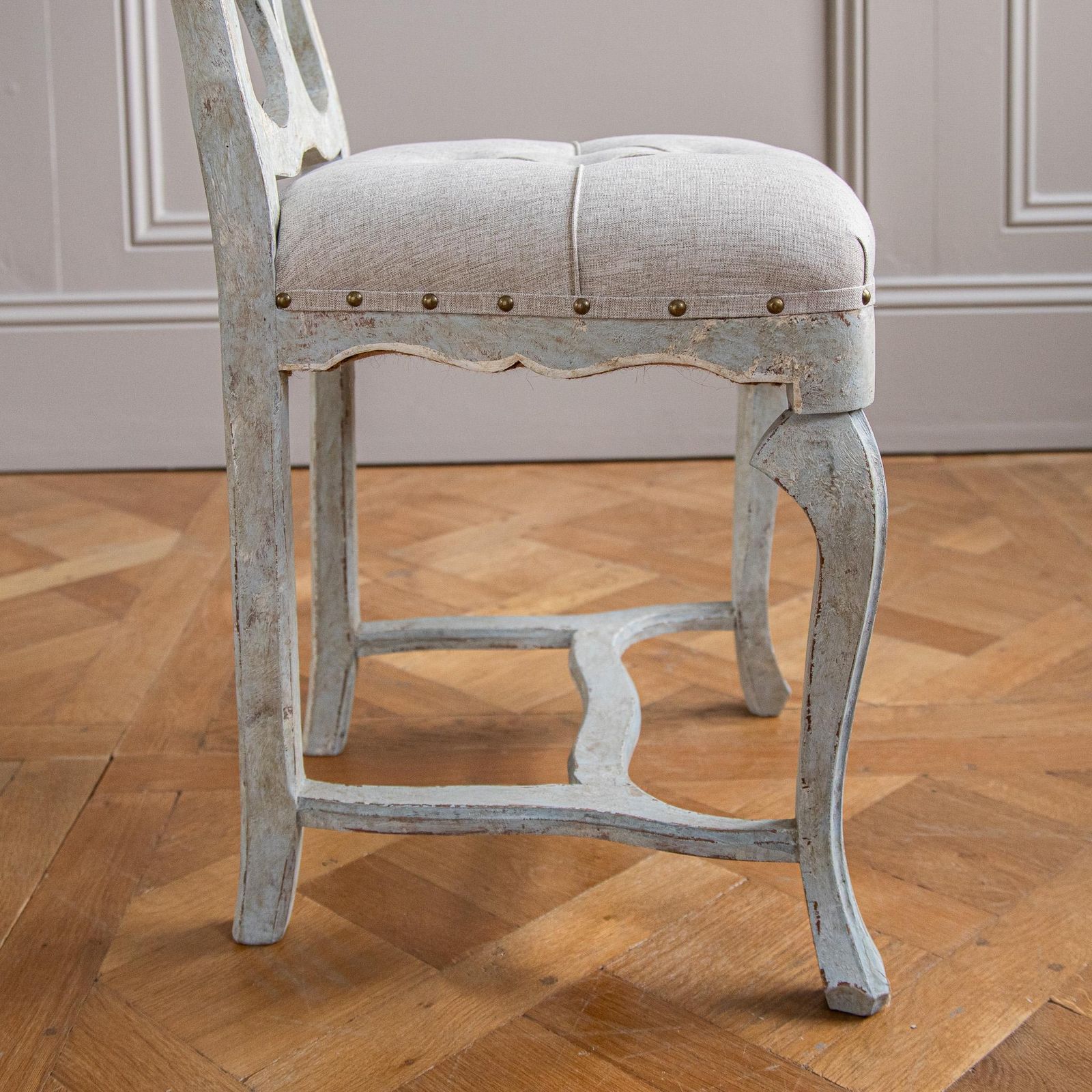photo furniture Set Of 6 Early 20th C. Italian Dining Chairs With Pale Grey Blue Painted Patina