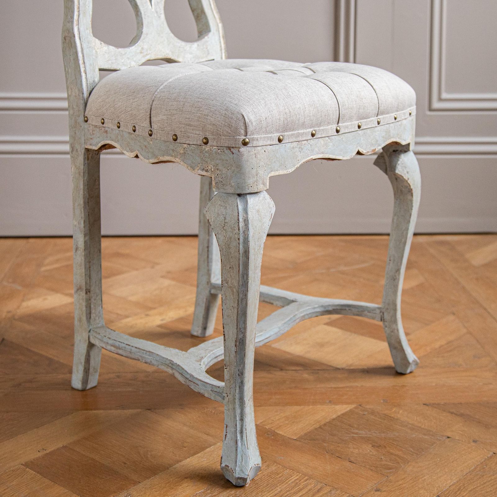 Furniture Set Of 6 Early 20th C. Italian Dining Chairs With Pale Grey Blue Painted Patina photo