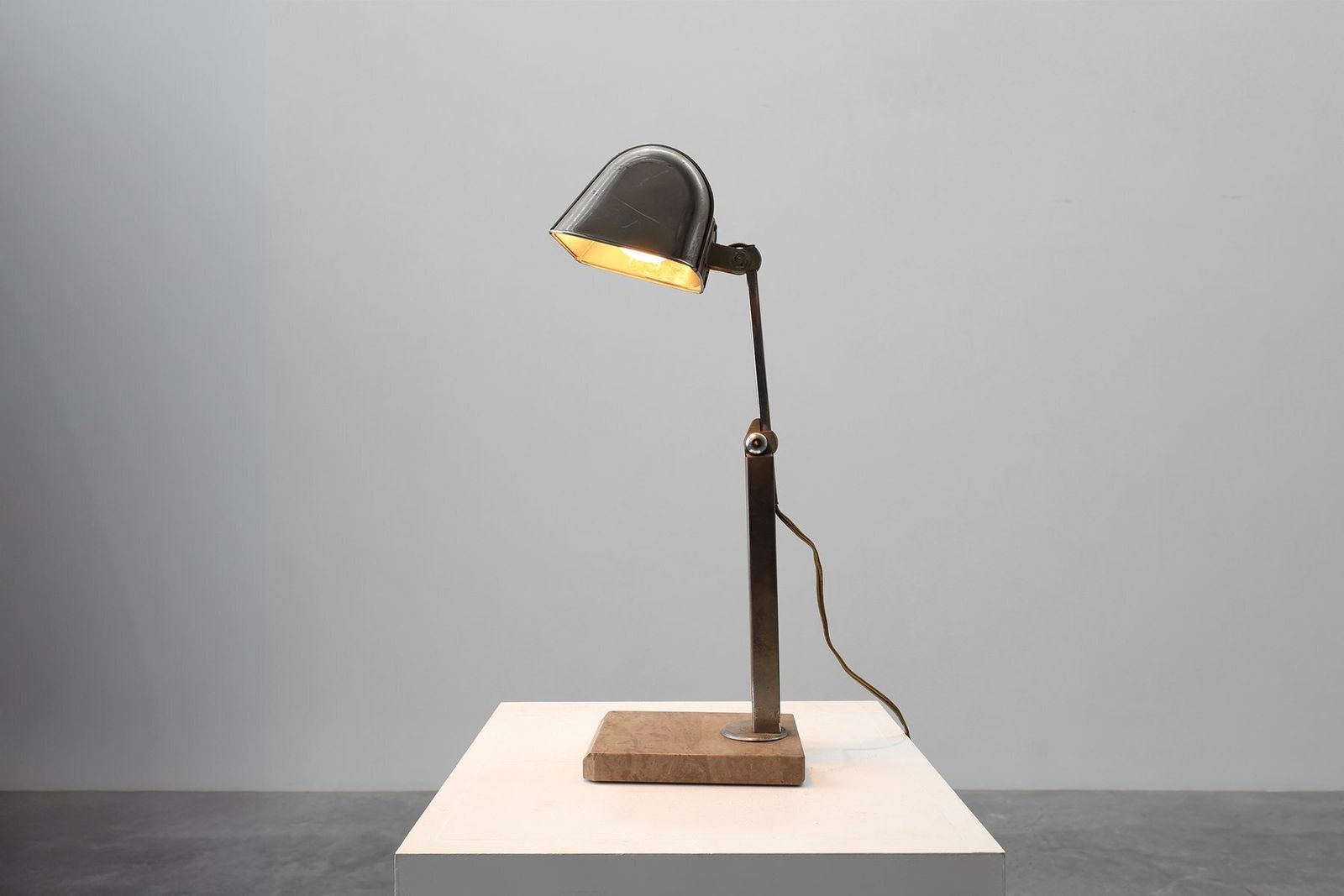 Art Deco Industrial Metal And Travertine Desk Lamp, Belgium, 1930s photo for sale