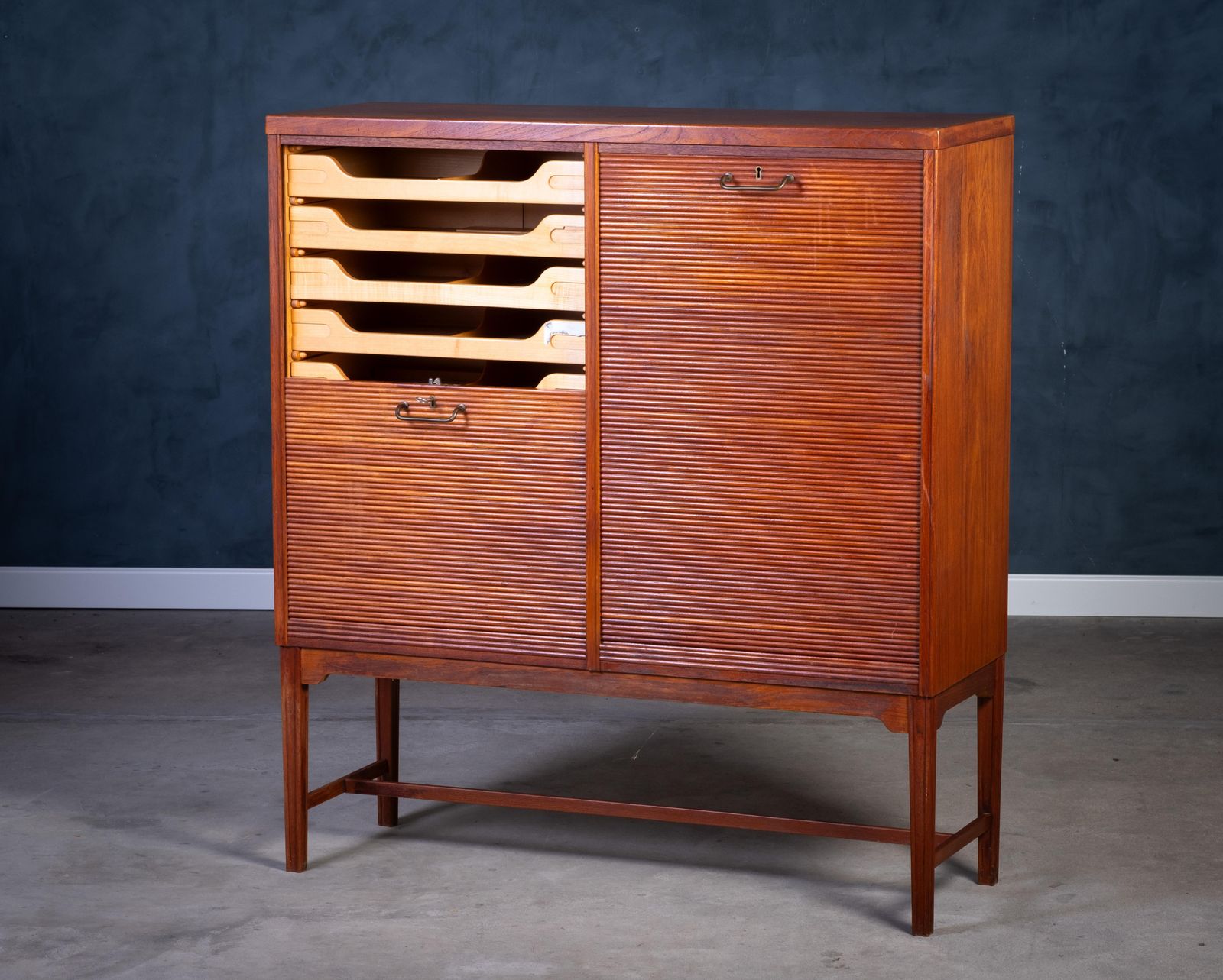 Teak Tambour Cabinet With Brass Handle, Danish Design, 1960s photo Furniture