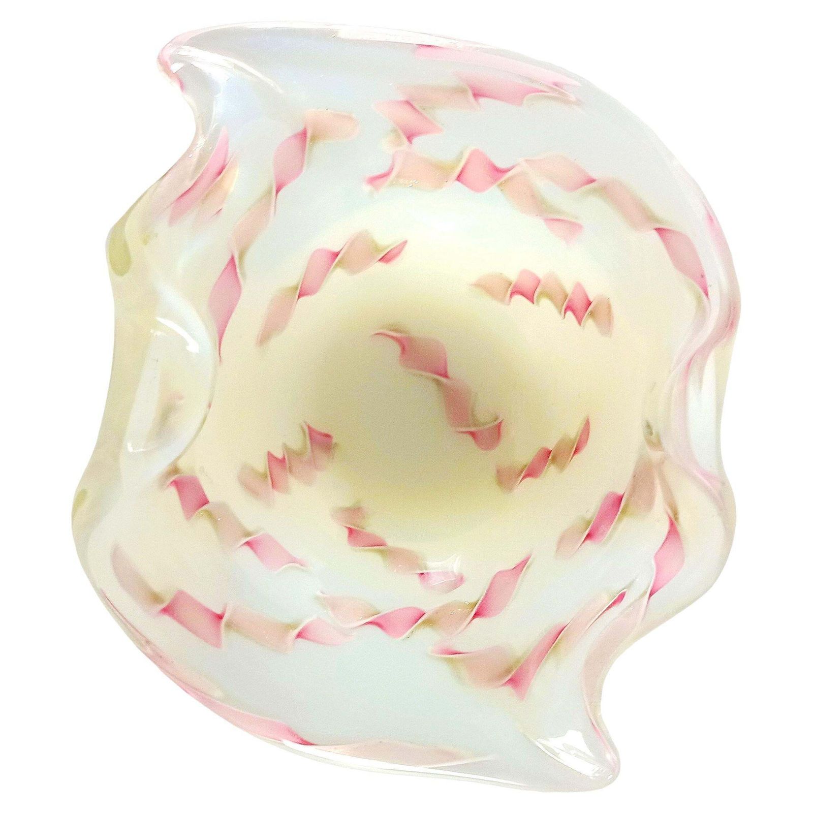 Murano Opaline Glass Bowl With Pink Zanfirico, Fratelli Toso, 1950s Italy
