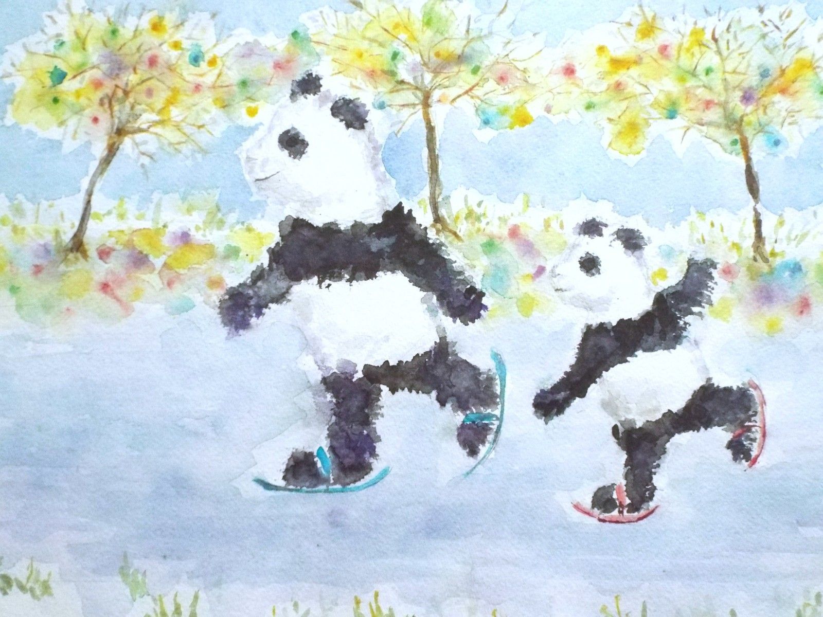 Skating Pandas Cubs Cute Original Watercolour Framed Painting Andi  J Lucas photo for sale