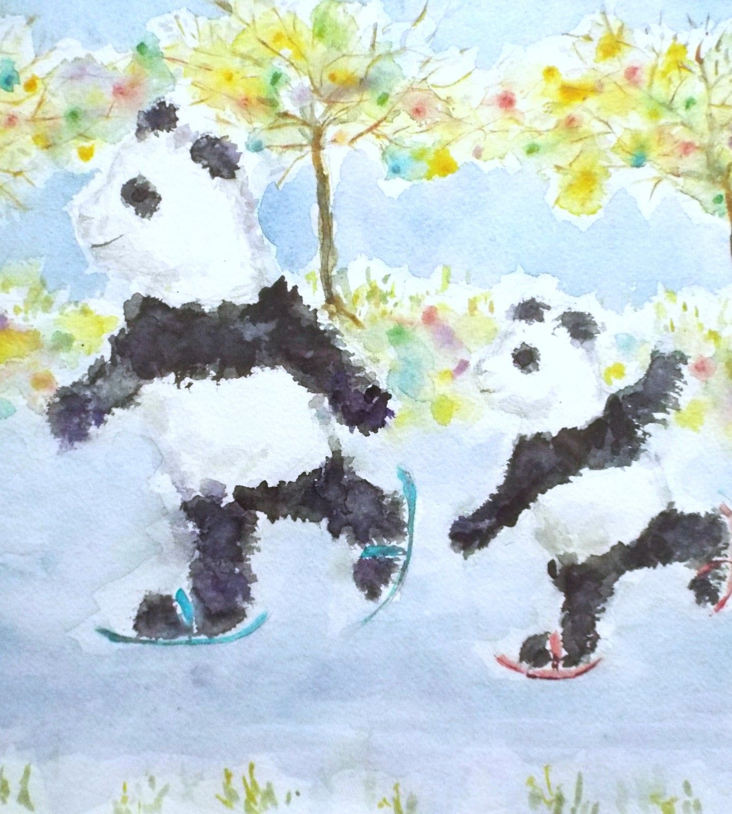 Skating Pandas Cubs Cute Original Watercolour Framed Painting Andi  J Lucas photo vinterior