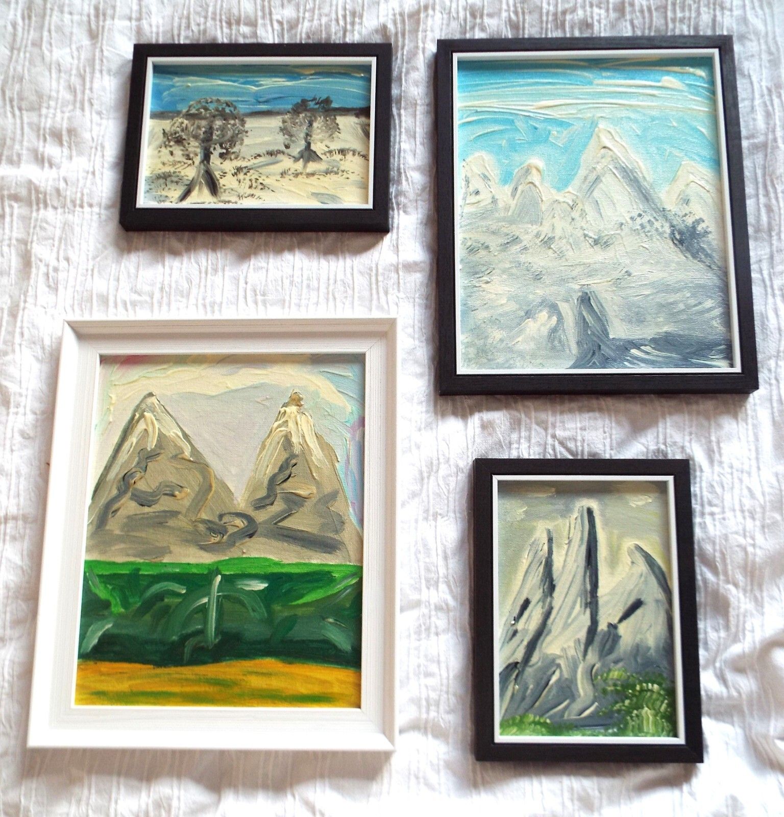 Set Of 4 New Original Abstract Framed Paintings Mountain Landscapes Fraser Lucas