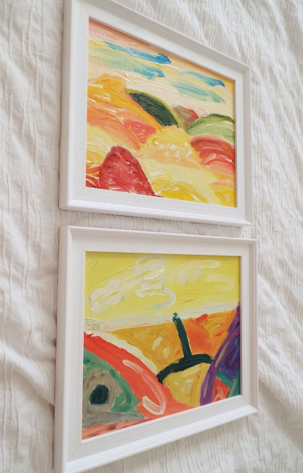 Pair Of New Original Abstract Yellow Landscape Framed Paintings Fraser Lucas photo for sale