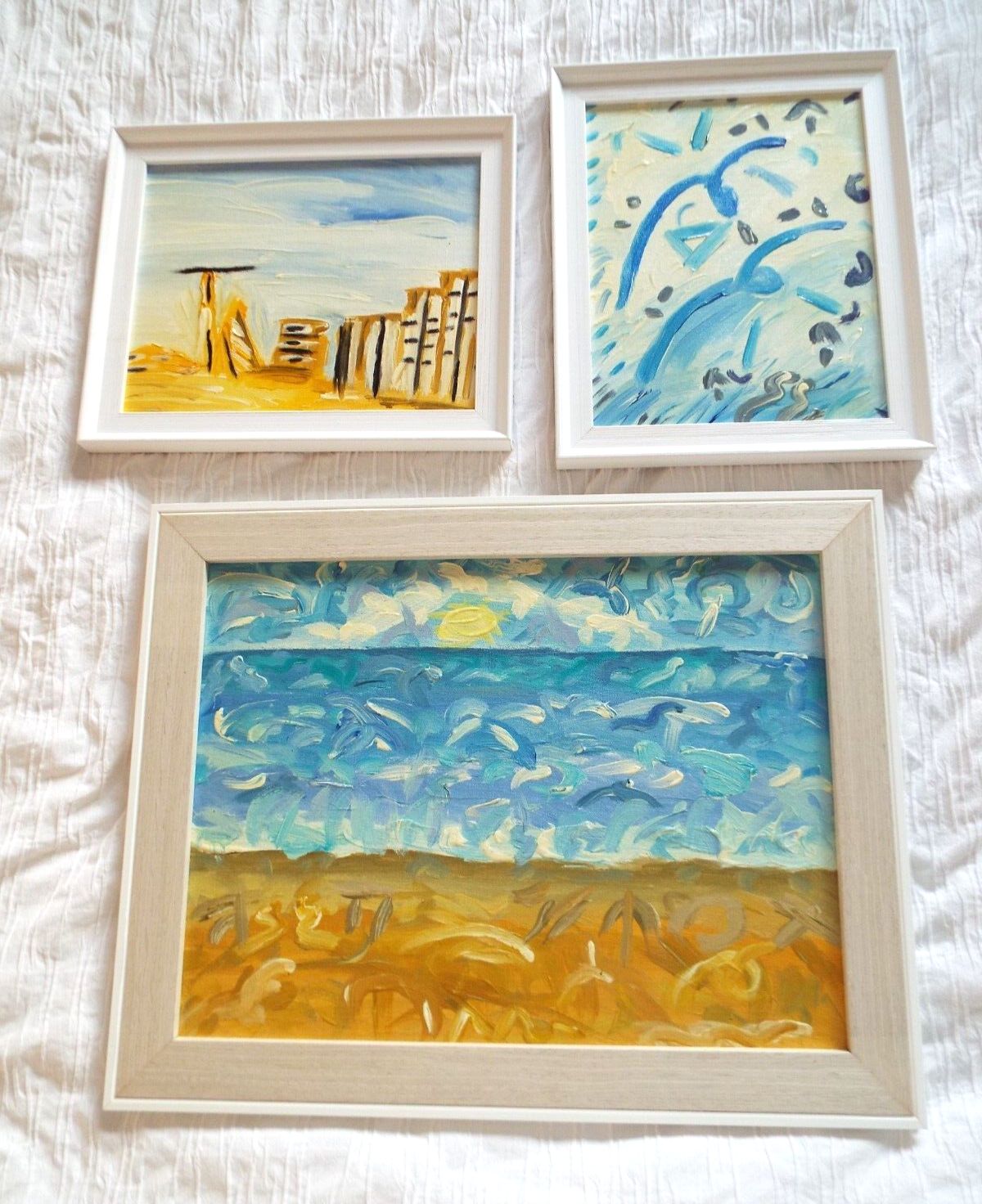 Set Of 3 New Original Abstract Framed Painting Coastal Beach Theme Fraser Lucas