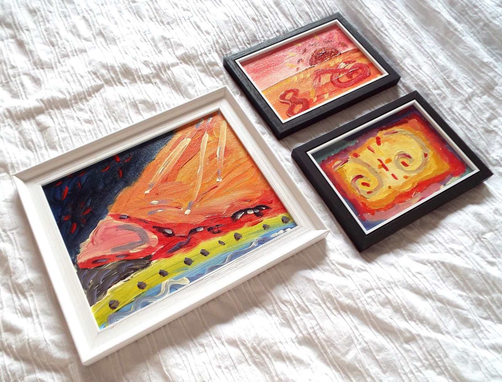 Set Of 3 New Original Abstract Framed Paintings Bright Landscapes Fraser Lucas photo vinterior